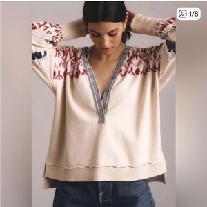 Anthropologie Pilcro V-Neck Button Front Top with Cream and Red Accents
